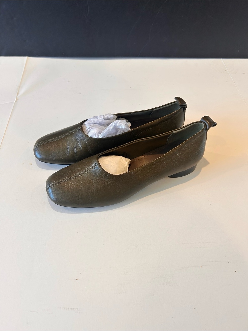 Zara Brown Green Square Toe Ballet Flats Minimalist Slip-On Shoes sz 39 8/ 8.5 - Picture 5 of 11
